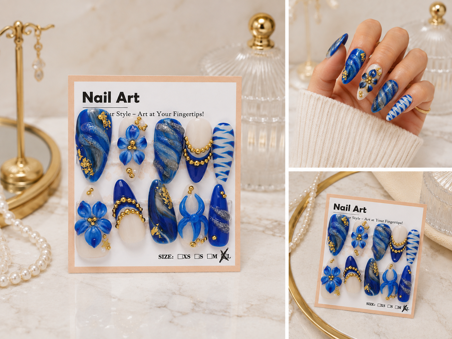 Blue Marble & Gold 3D Press-On Nail Set – Medium Length