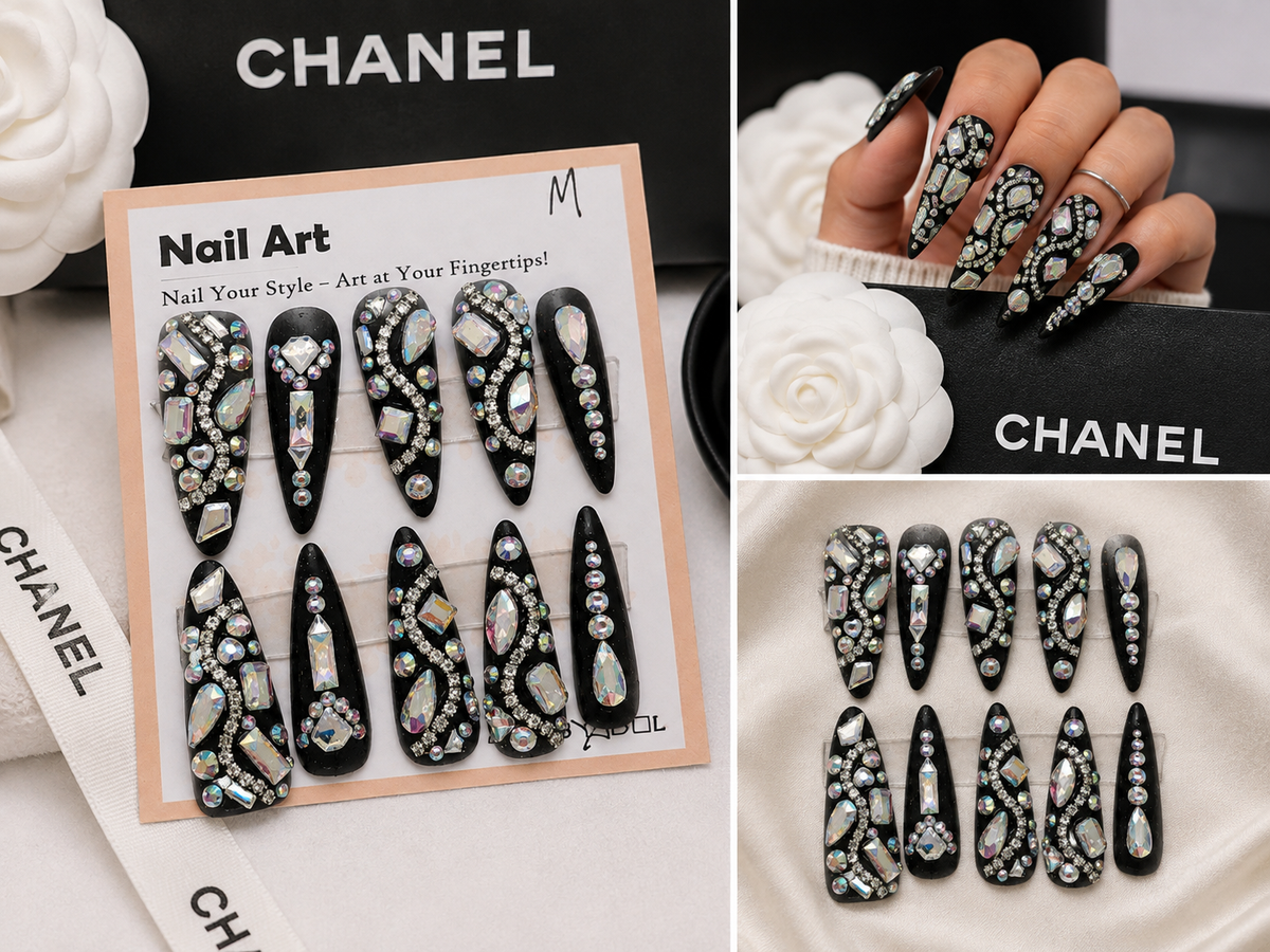Midnight Diamonds Press-On Nails | Long Stiletto Crystal Nails