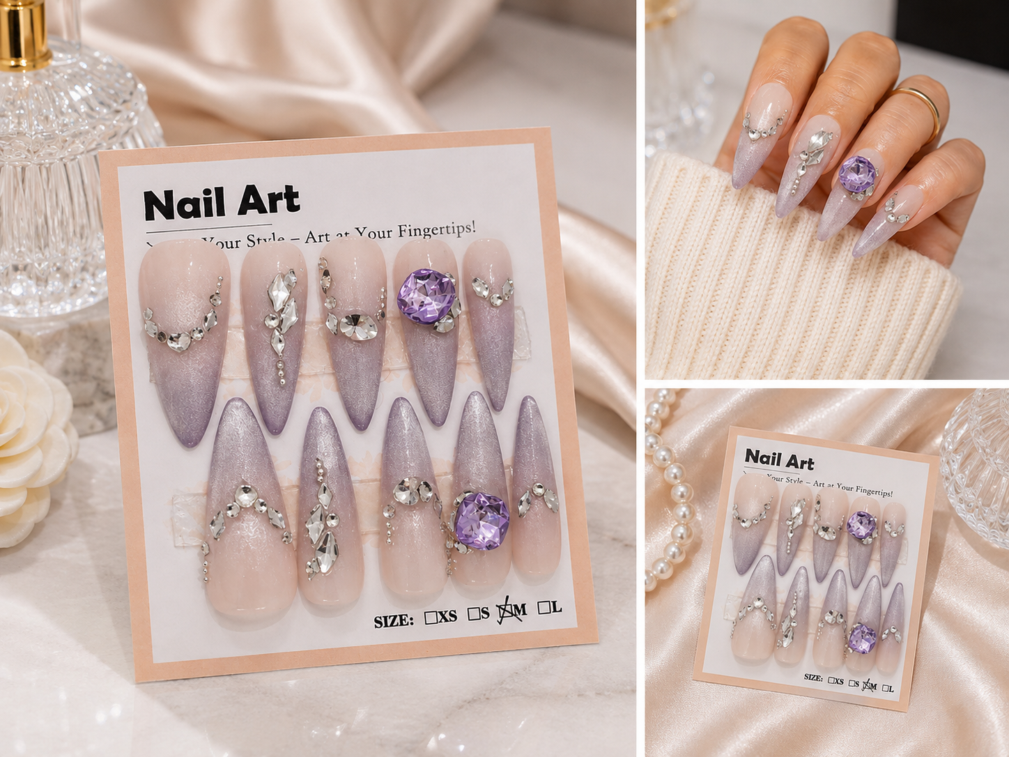 Lavender Cateye & Gems Press-On Nails – Long Almond Size Medium