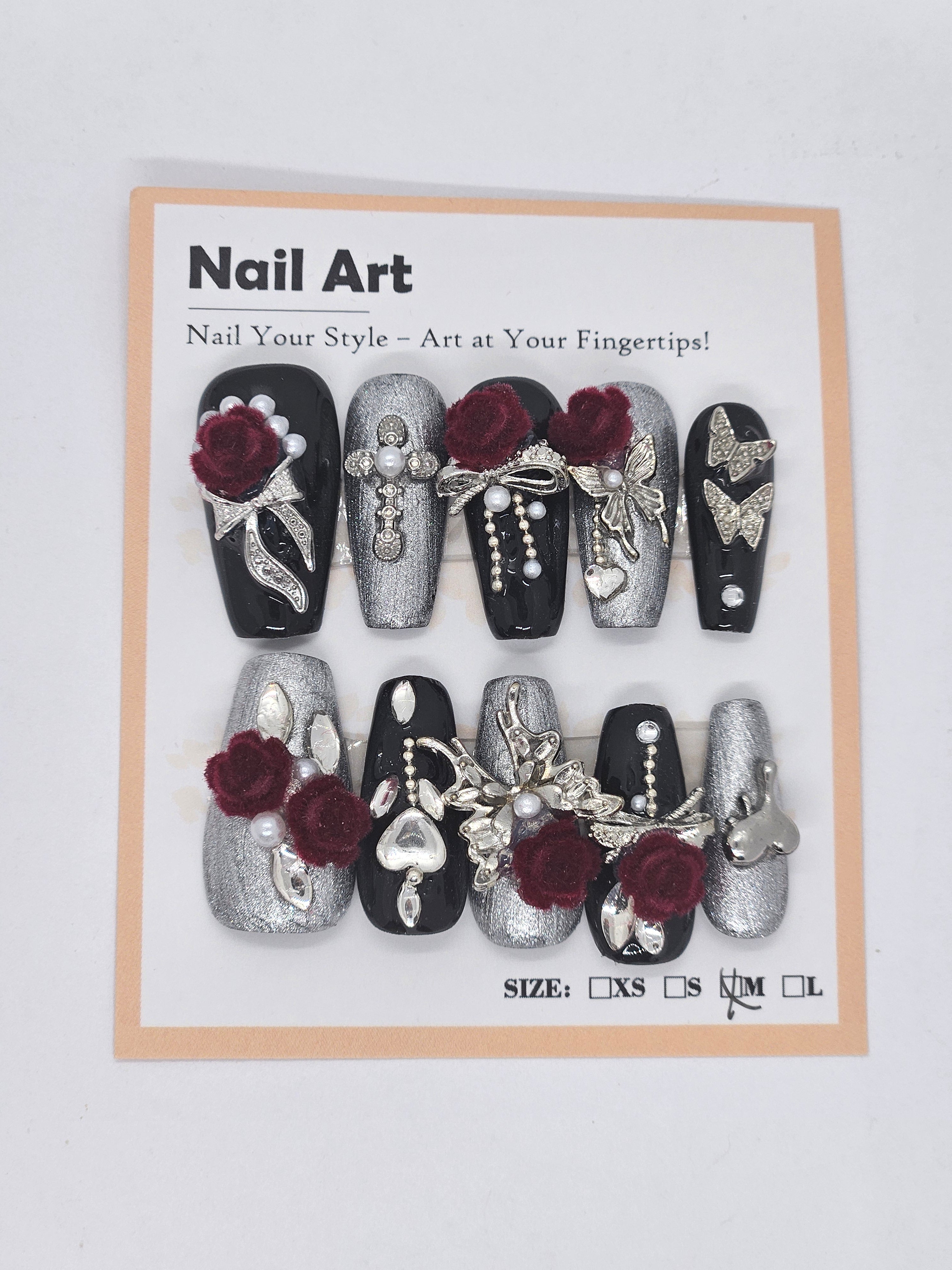 Gothic Glam Coffin Press-On Nails | Burgundy Rose & Butterfly