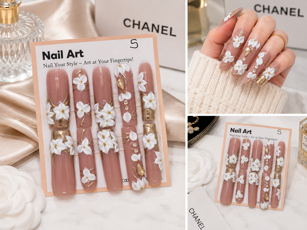 White Floral Luxe Press-On Nails