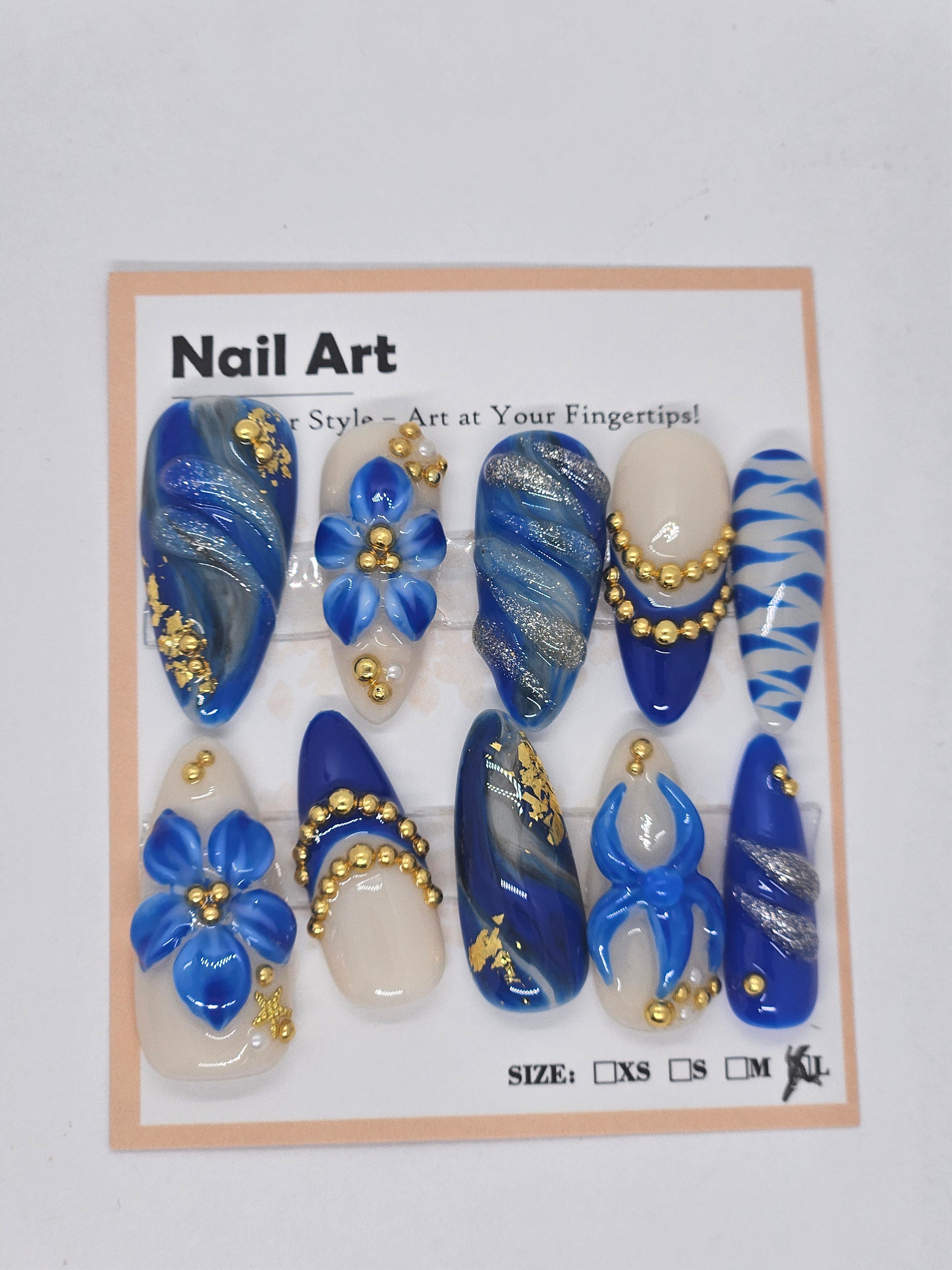 Blue Marble & Gold 3D Press-On Nail Set – Medium Length