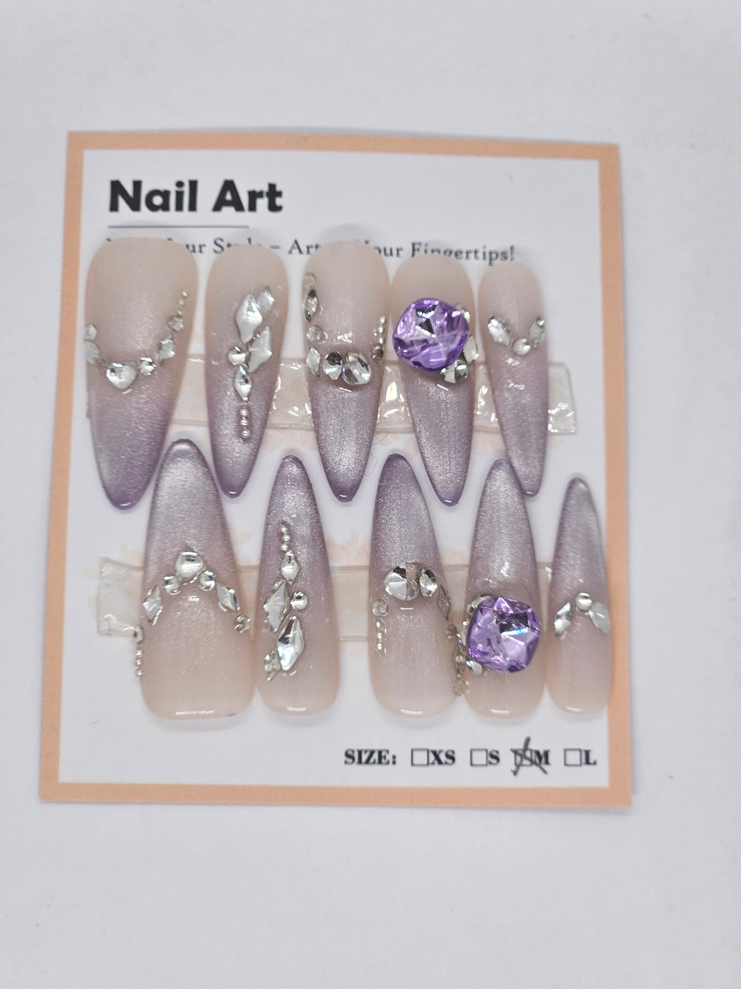Lavender Cateye & Gems Press-On Nails – Long Almond Size Medium