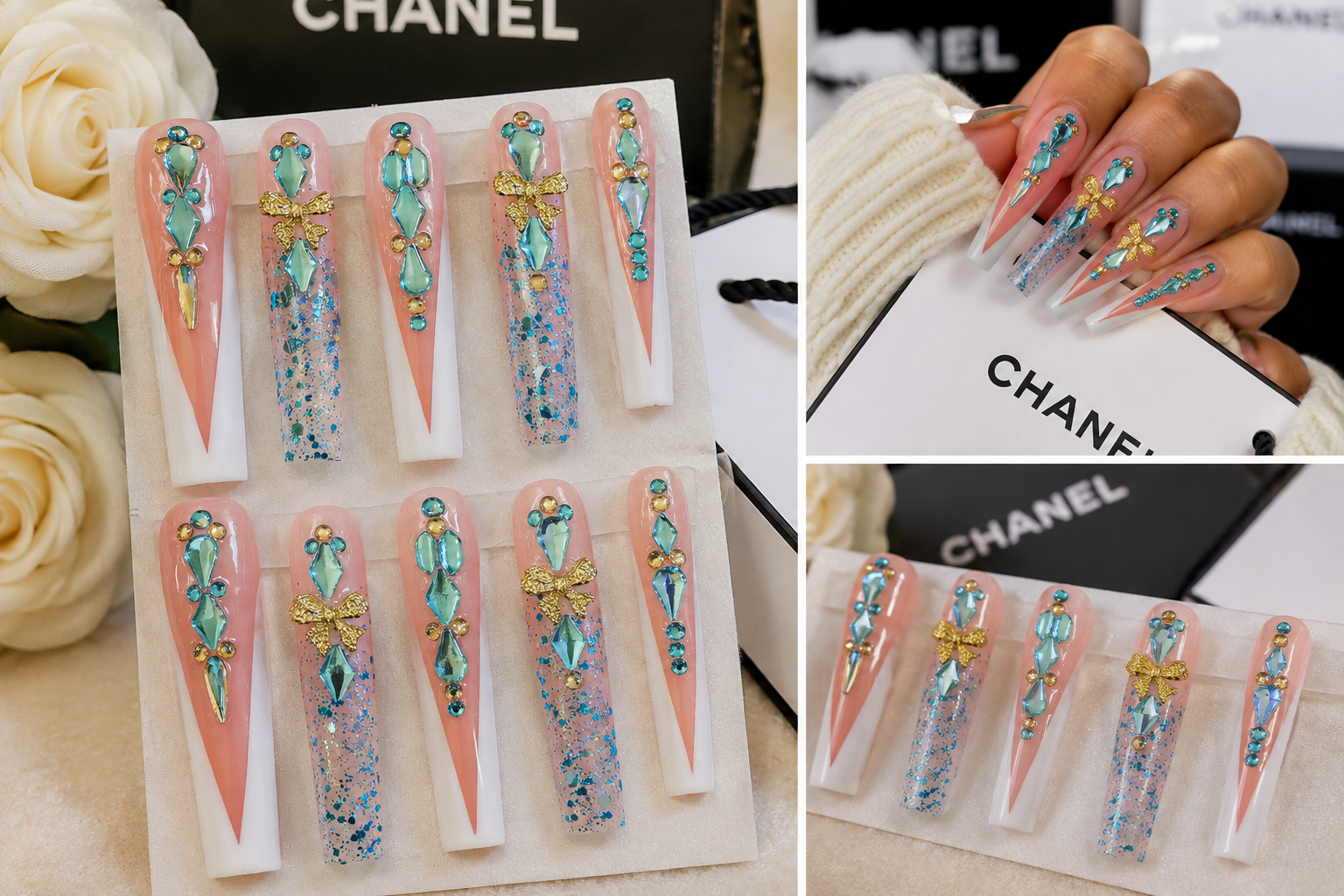 Aqua Crystal French Tip Press-On Nails