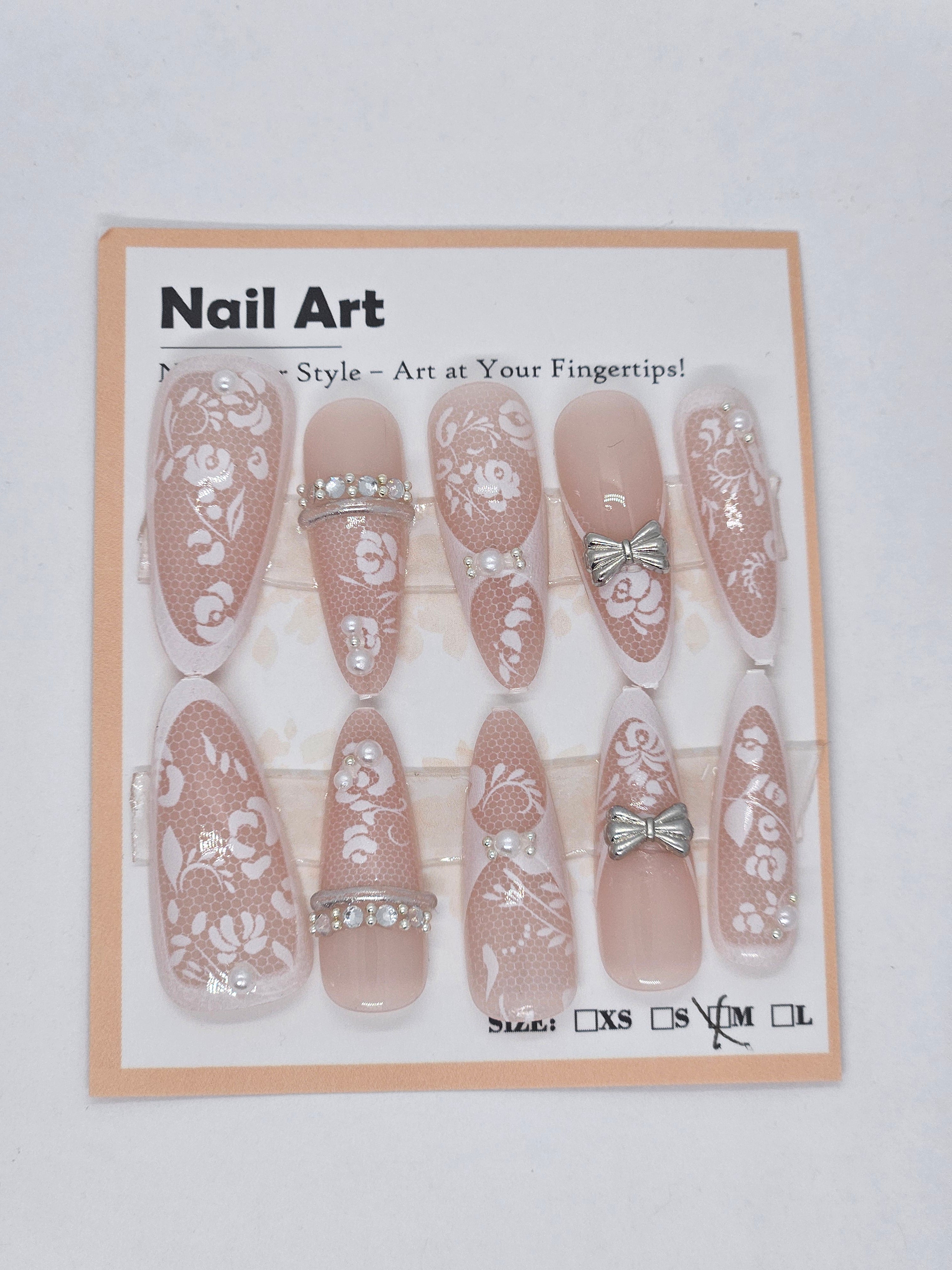 Lace & Bow Press-On Nails | Floral Rhinestone Almond Nails