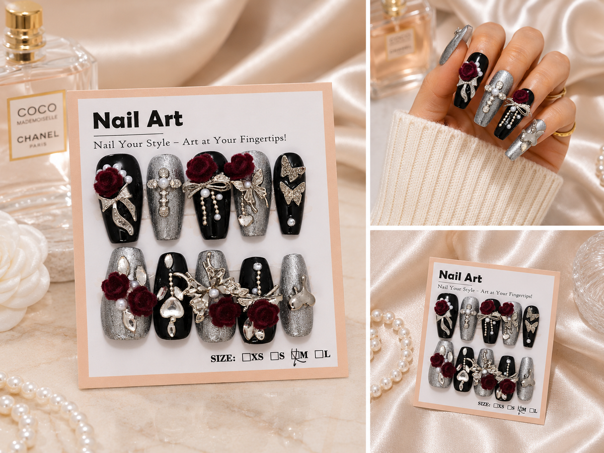 Gothic Glam Coffin Press-On Nails | Burgundy Rose & Butterfly