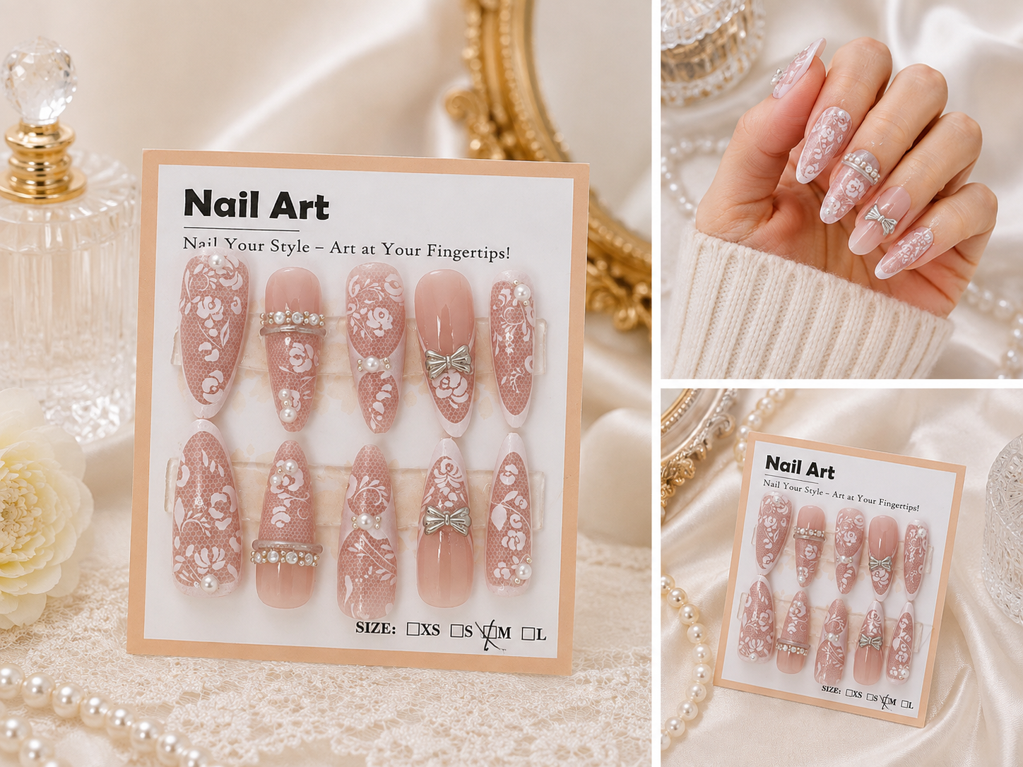 Lace & Bow Press-On Nails | Floral Rhinestone Almond Nails