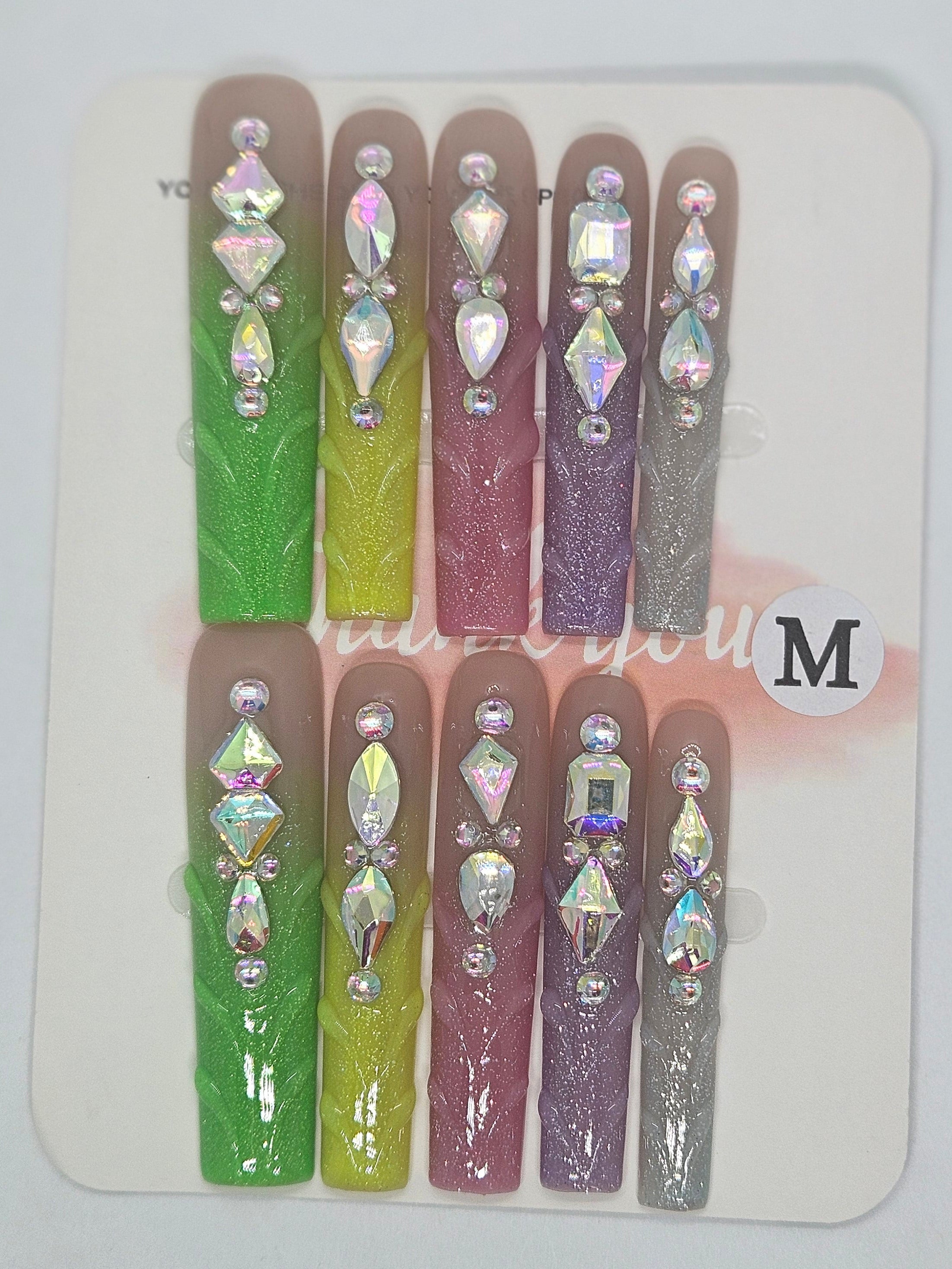 Fluorescent Bling French Tip Press-On Nails