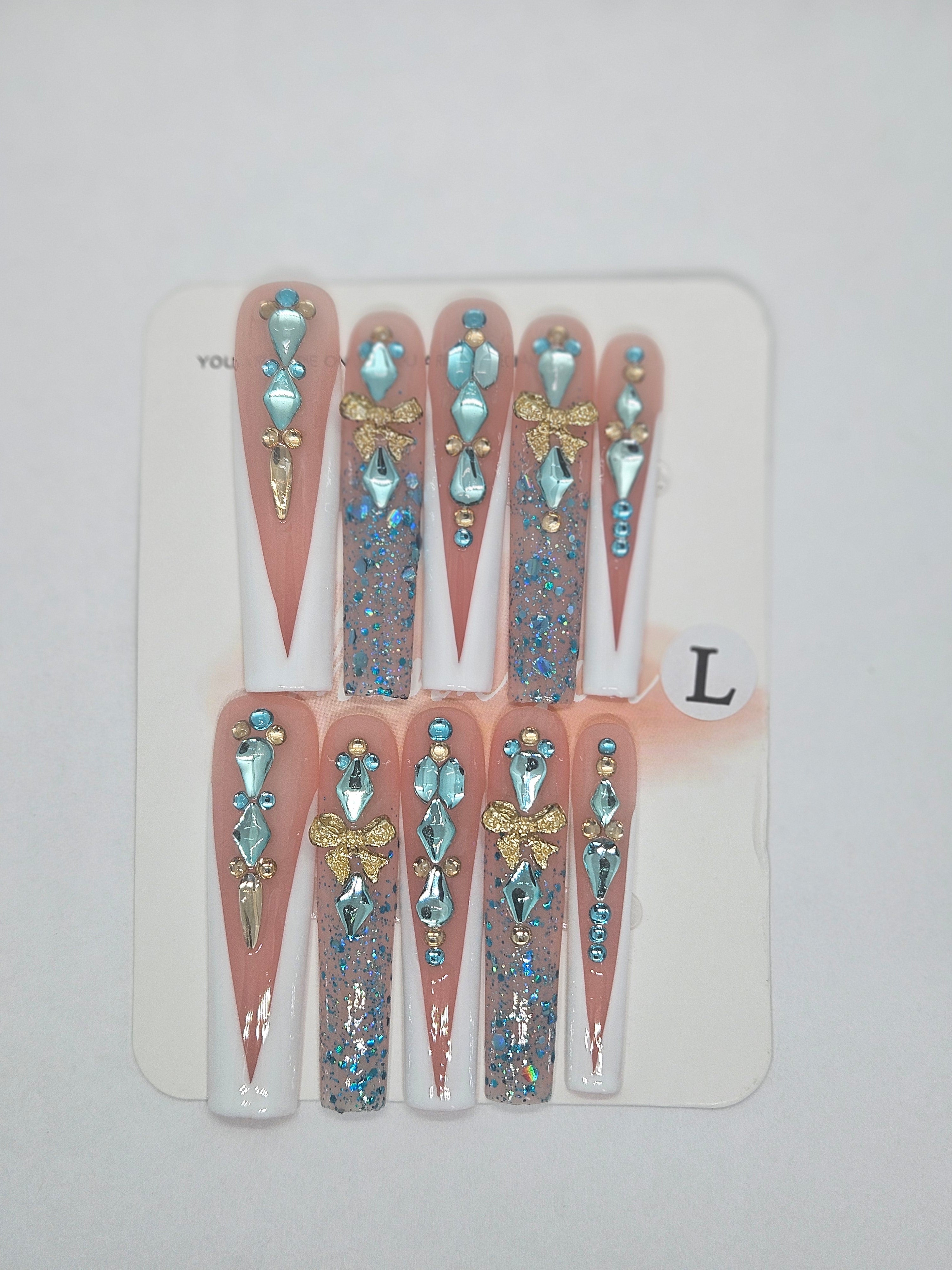 Aqua Crystal French Tip Press-On Nails