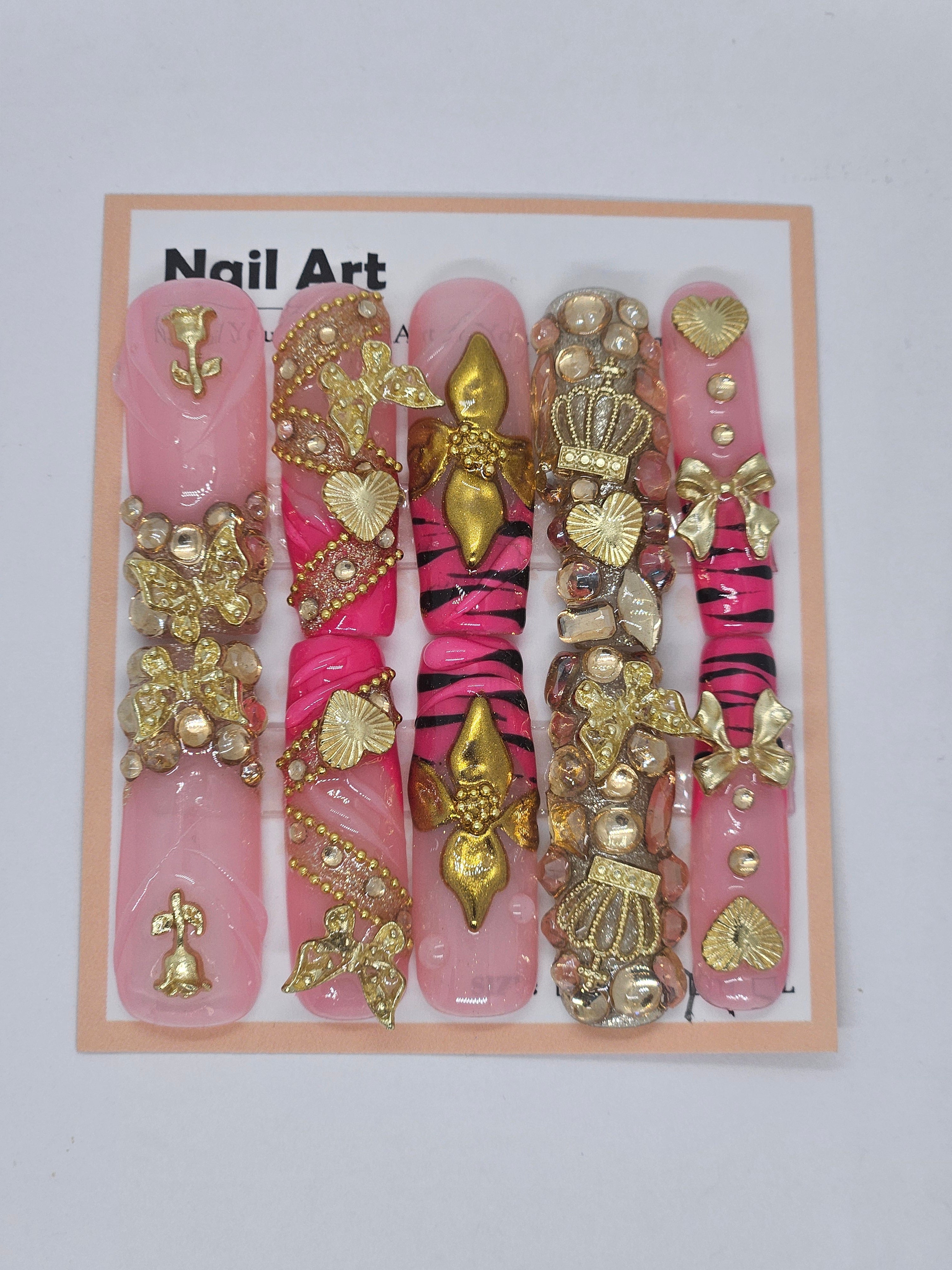Pink & Gold Bling Square Press-On Nails – Long Size Medium