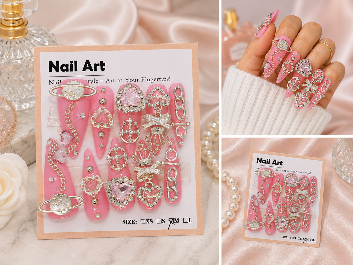 Junk Nails Press-On Nails | Pink Stiletto 3D Charm Nails
