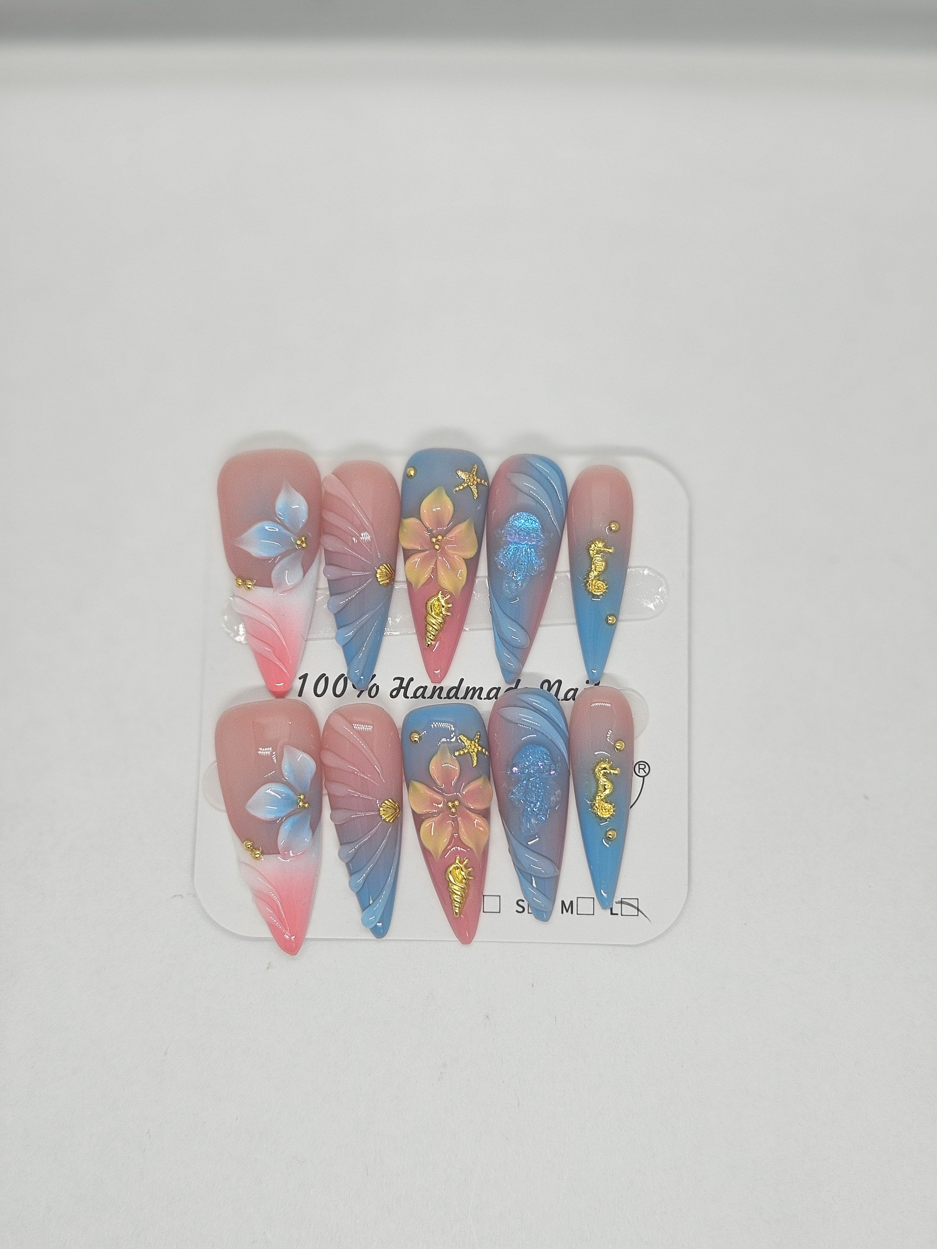 Ocean Dream Stiletto Press-On Nails | 3D Sea Charms Handmade
