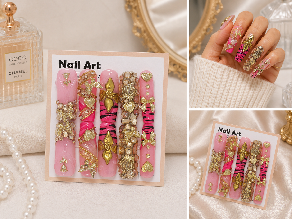 Pink & Gold Bling Square Press-On Nails – Long Size Medium