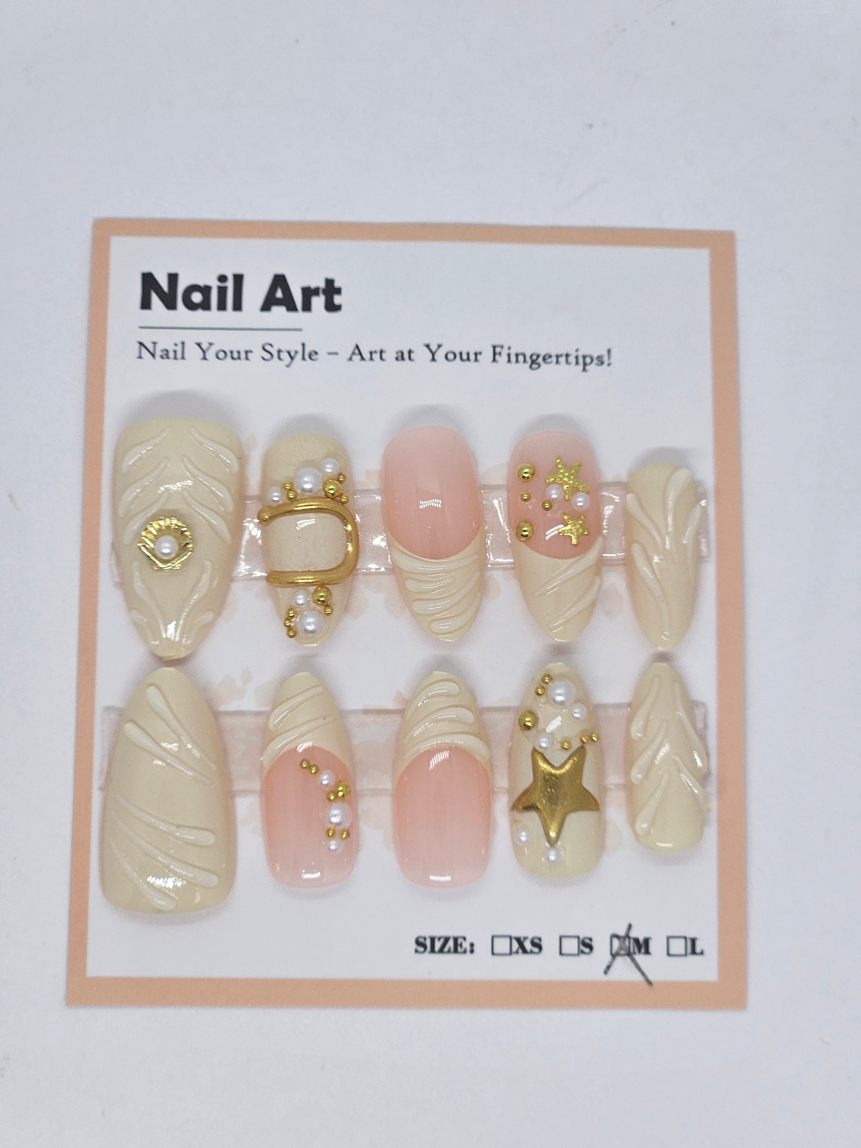 Gold Star & Pearl Wave Press-On Nails | Short Almond Ivory Nails